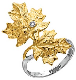 Золотое кольцо ''Кленовые листья'' Альдзена K-14038 с бриллиантом