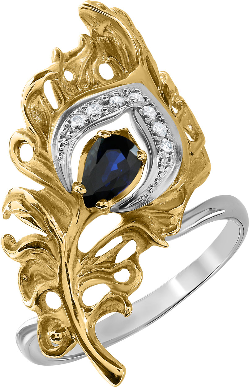 Золотое кольцо ''Перо павлина'' Альдзена K-24025 с сапфиром, бриллиантами