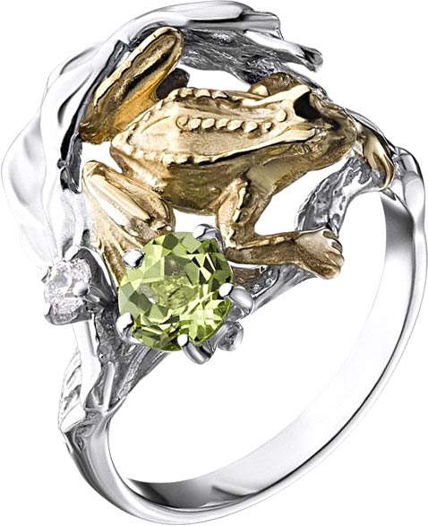 Серебряное кольцо ''Лягушка'' Альдзена K-25052 с хризолитом, фианитом Swarovski