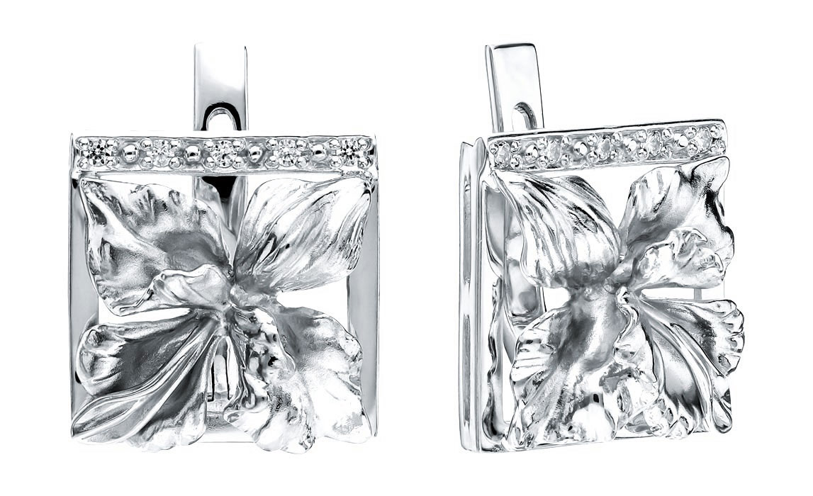 Серебряные серьги ''Орхидея'' Альдзена S-15001 с фианитами Swarovski