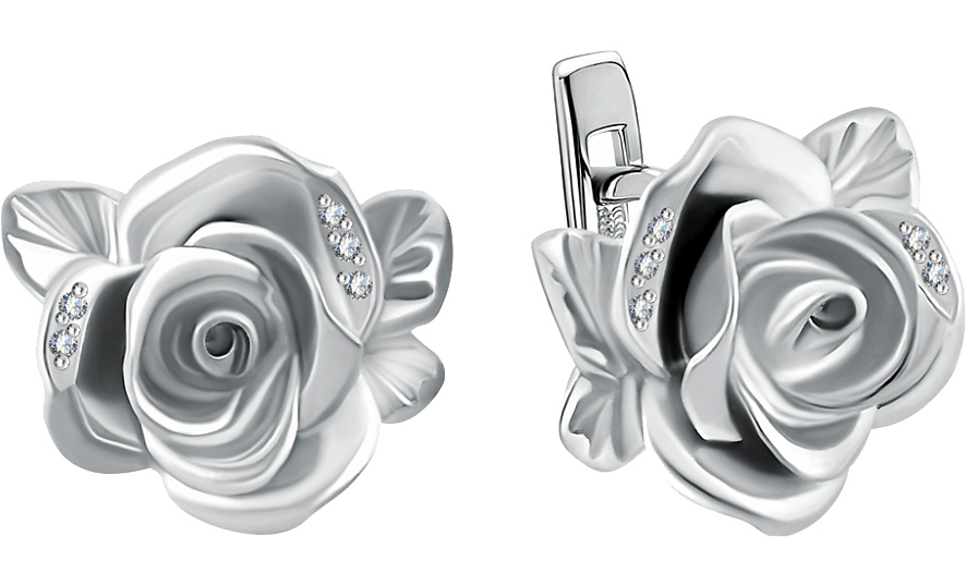 Серебряные серьги ''Белая роза'' Альдзена S-15011 с фианитами Swarovski