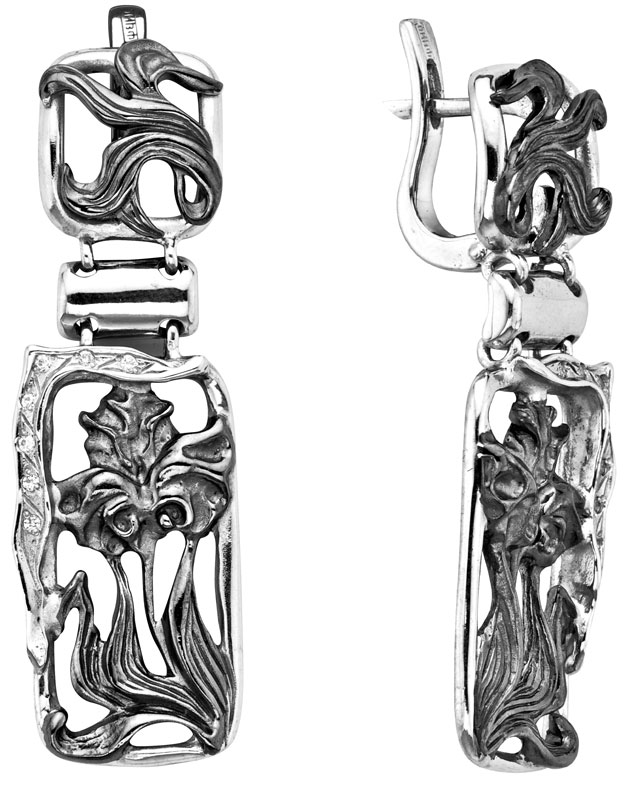 Серебряные серьги с подвесками ''Ирисы'' Альдзена S-16017 с фианитами Swarovski