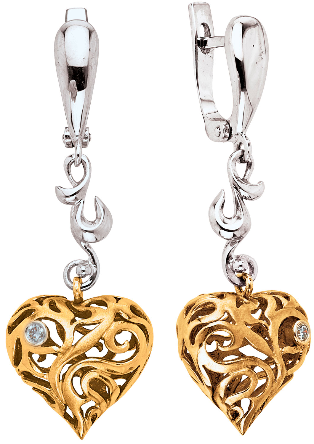 Золотые серьги с подвесками ''Сердце'' Альдзена S-41019 с бриллиантами
