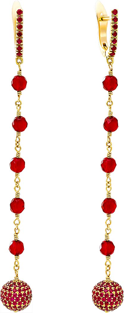 Золотые длинные серьги шарики Art I Fact Jewellery 0202.0076-earrings-rubin с рубинами