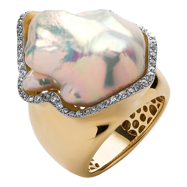 Женский золотой перстень De Fleur 31037Y6.8 с барочным жемчугом, фианитами