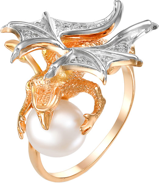 Золотое кольцо ''Дракон'' De Fleur 31205A1 с жемчугом, фианитами