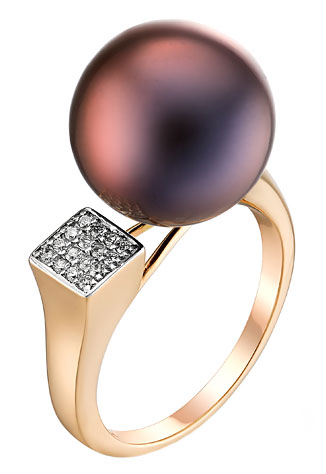 Золотое кольцо De Fleur 31518AC2D11 с черным жемчугом, фианитами