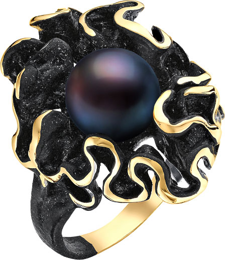 Серебряное кольцо De Fleur 51238Y2B с эмалью, черным жемчугом