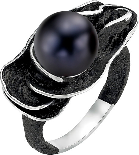 Серебряное кольцо De Fleur 51241S2B с эмалью, черным жемчугом