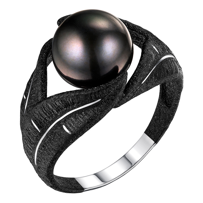 Серебряное кольцо De Fleur 51886S2B с черным жемчугом, эмалью