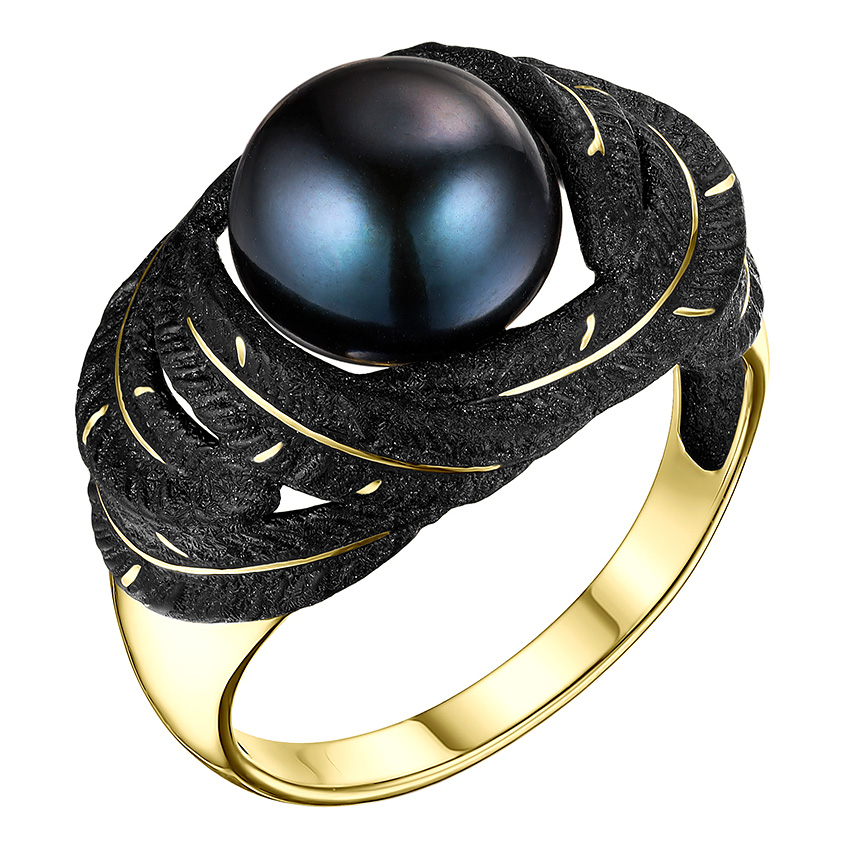 Серебряное кольцо De Fleur 51888Y2B с черным жемчугом, эмалью