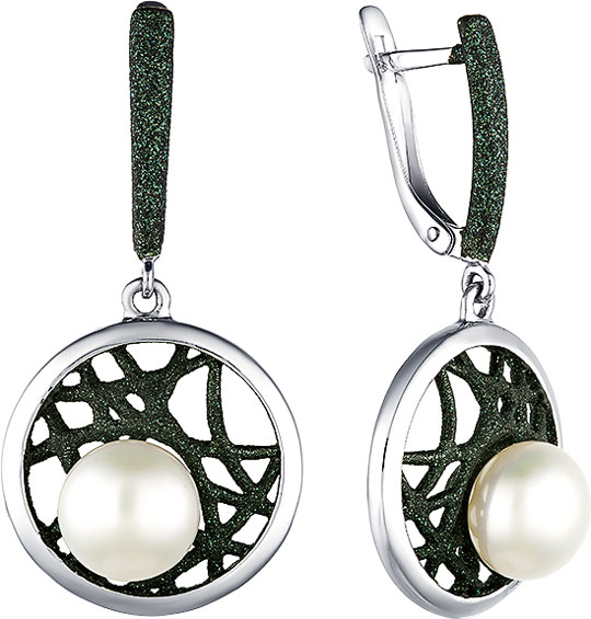 Серебряные серьги круглые с подвесками De Fleur 52845S1Z с эмалью, жемчугом