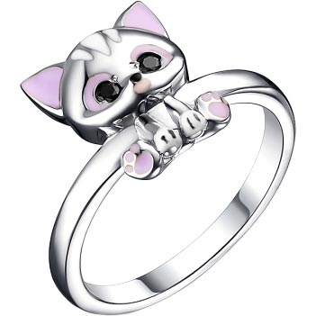 Детское серебряное кольцо ''Кошка'' Dewi 901012092-dv с эмалью, черными фианитами