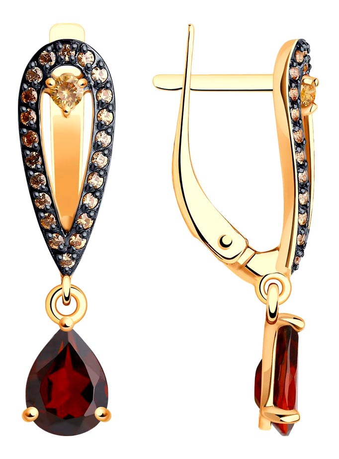 Золотые серьги с подвесками Diamant 51-321-01439-1 с гранатами, фианитами