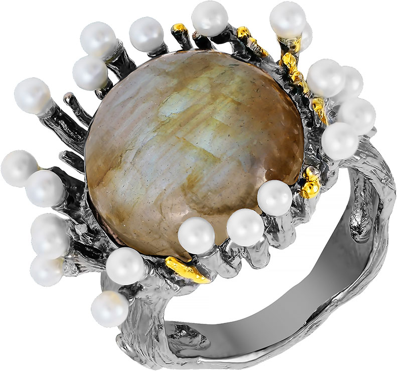 Серебряное кольцо JV YR01243-KO-LB-WM-BJ с лабрадоритом, органическим жемчугом