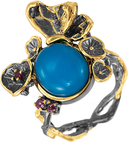 Серебряное кольцо JV YR0168-KO-GAG-RH-001-BJ с голубым агатом, родолитами