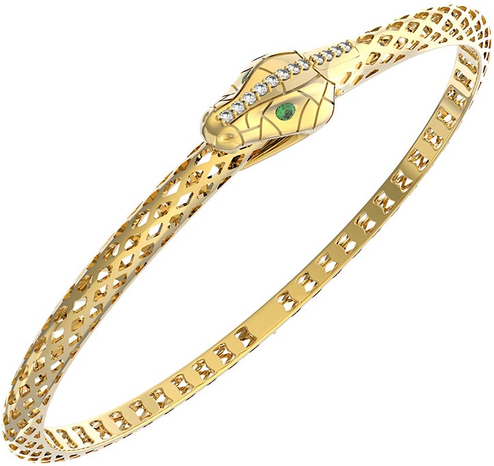 Золотой жесткий браслет ''Змея'' Grant 9404661-gr с бриллиантами, изумрудами