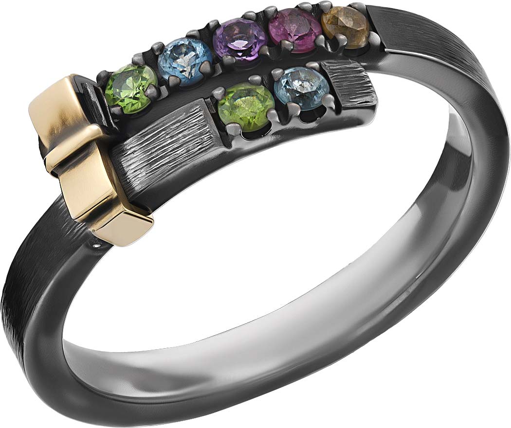 Серебряное кольцо Ивма 132899-i с демантоидами, голубыми топазами, аметистом, спессартином, розовым сапфиром