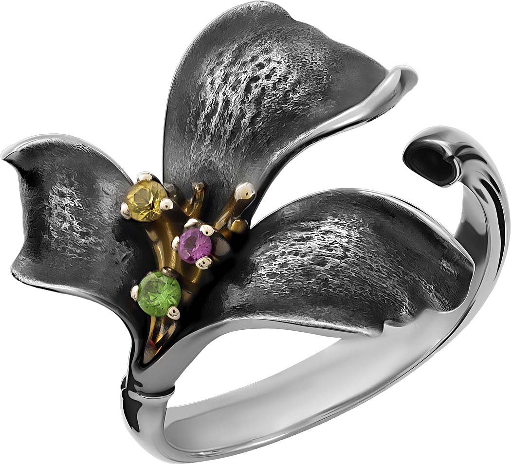 Серебряное кольцо ''Аленький цветочек'' Ивма 139499-i с дематоидом, розовым сапфиром, спессартином