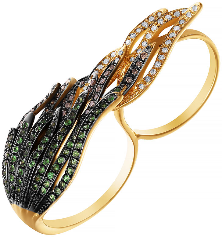 Золотое кольцо на два пальца JV HF05176R-YGGBR-KO-DN-TV-YG с бриллиантами, цаворитами