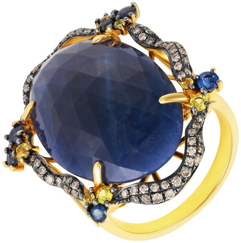Золотой женский перстень JV MR83463-BR-BS-YS-YG-KO-DN-SA-YS-CR-YG с корундами, сапфирами, коньячными бриллиантами
