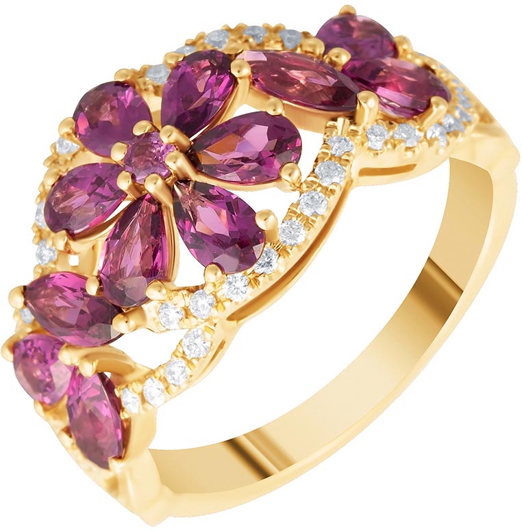Золотое кольцо JV RG-34482-KO-RH-YG с родолитами, бриллиантами