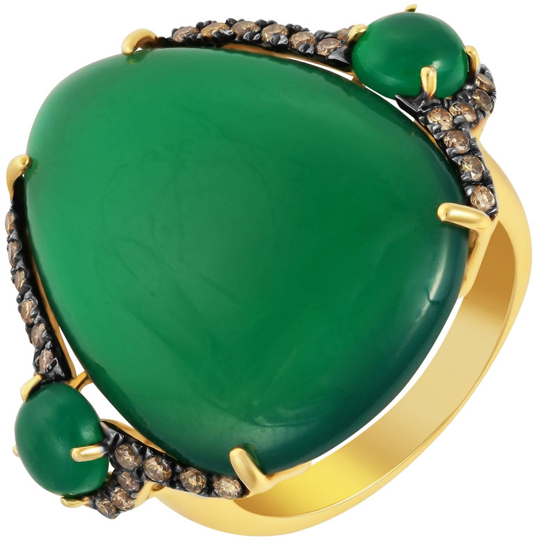 Женский золотой перстень JV TR00043R-Y-GAG-DN-ZAG-YG с зеленым агатом, коньячными бриллиантами