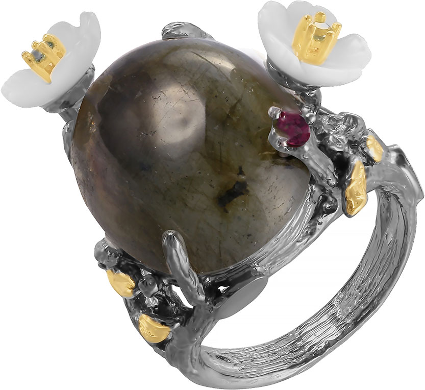 Женский серебряный перстень JV YR01275-KO-LB-RH-SH-BJ с лабрадоритом, перламутром, родолитами