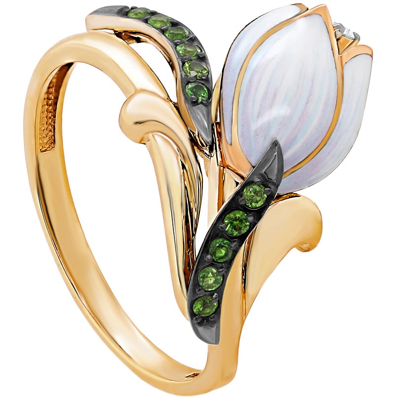 Золотое кольцо ''Цветок'' Kabarovsky 11-21718-20922 с финифтью, хромдиопсидами, бриллиантом