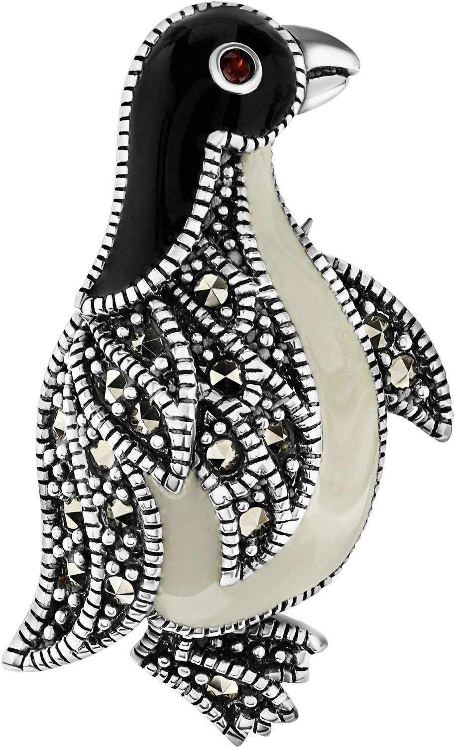 Серебряная брошь ''Пингвин'' Марказит HB779-granat-mr с эмалью, гранатом, марказитами Swarovski