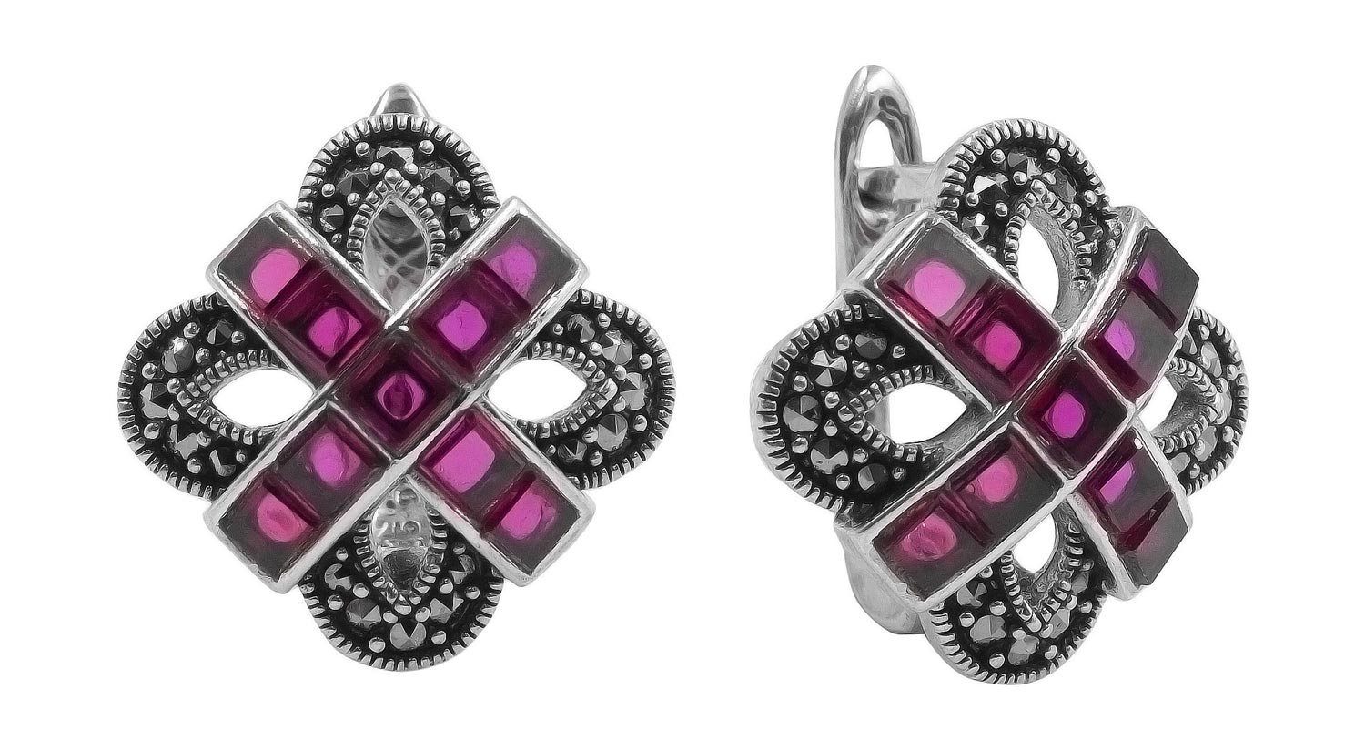 Серебряные серьги Марказит HE1662-rubin-mr с рубинами, марказитами Swarovski