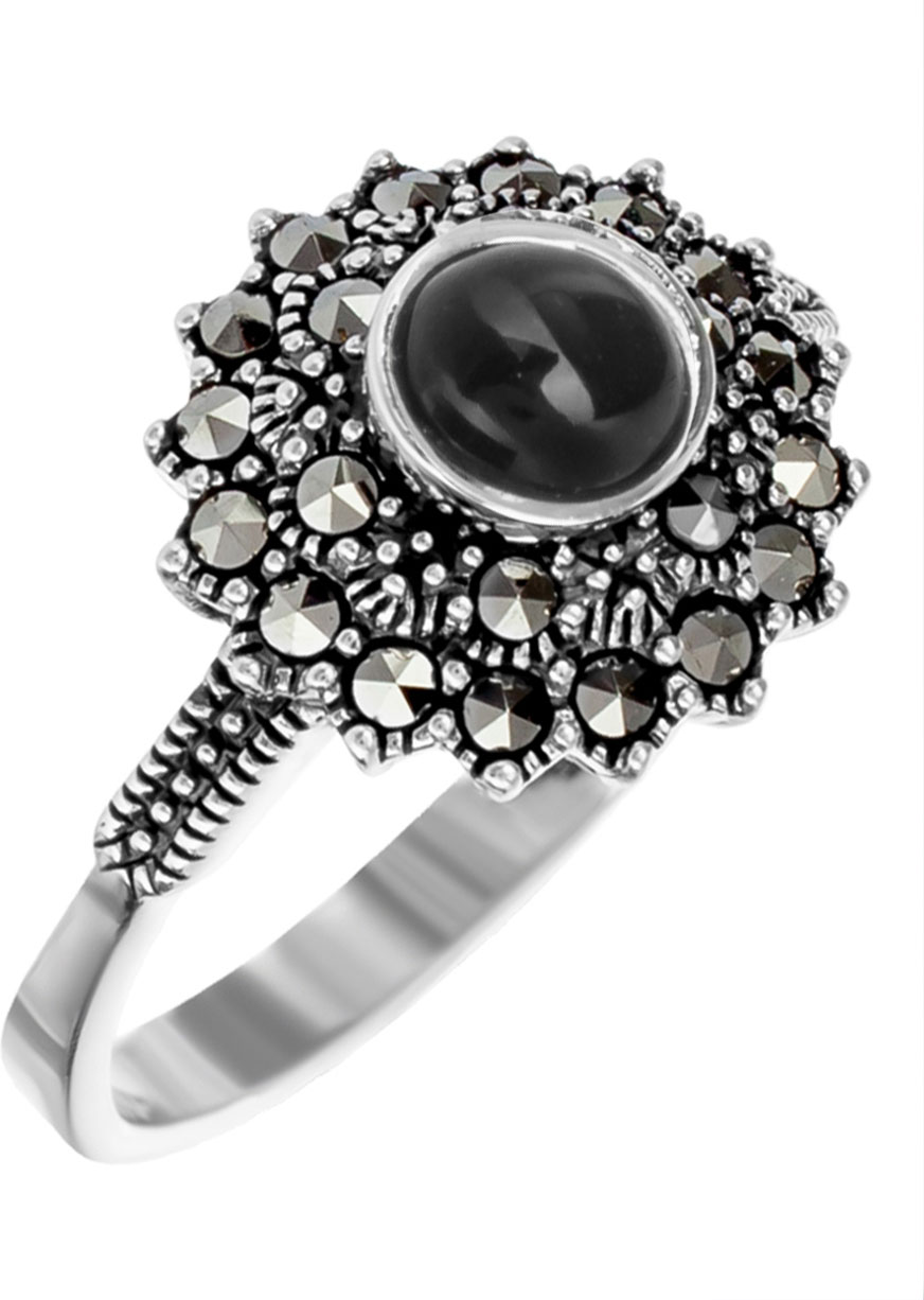 Серебряное кольцо Марказит HR0961-oniks-mr с ониксом, марказитами Swarovski