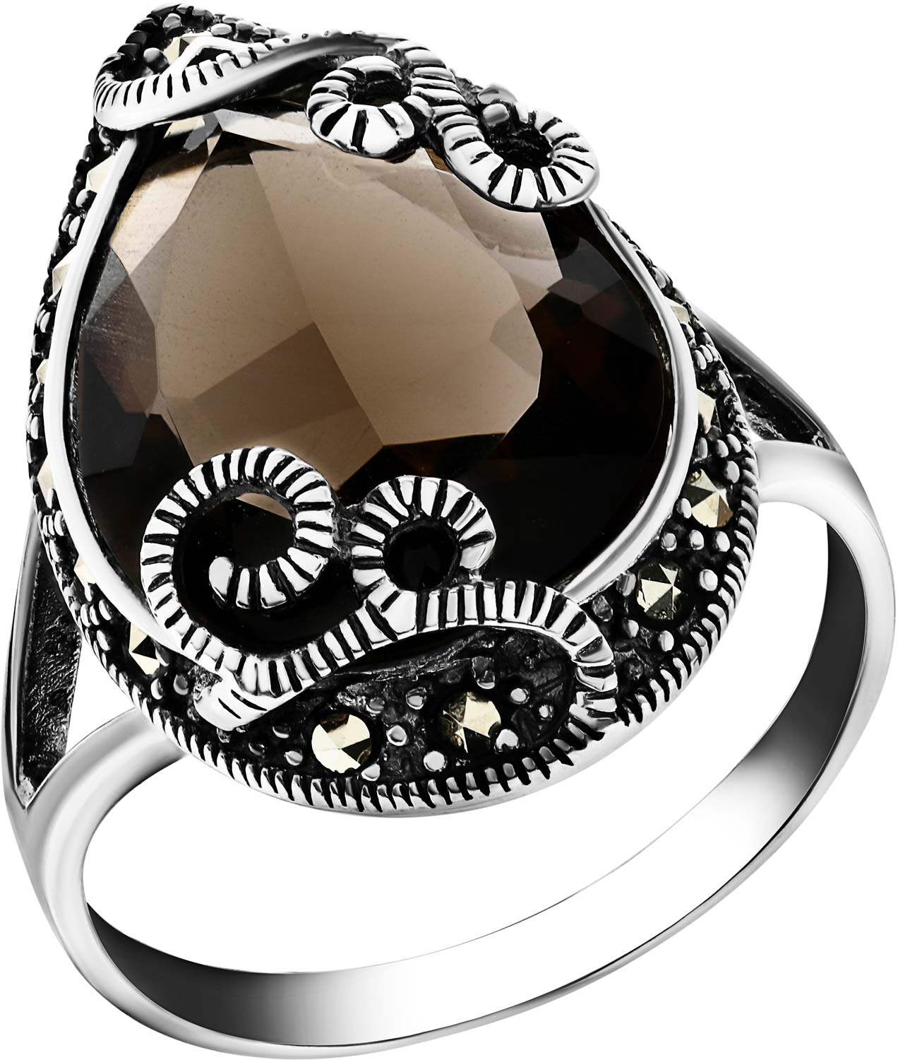 Серебряный перстень Марказит HR1072-topaz-rauh-mr с раухтопазом, марказитами Swarovski