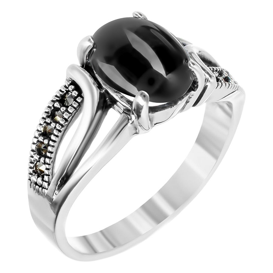 Серебряное кольцо Марказит HR1489-oniks-mr с ониксом, марказитами