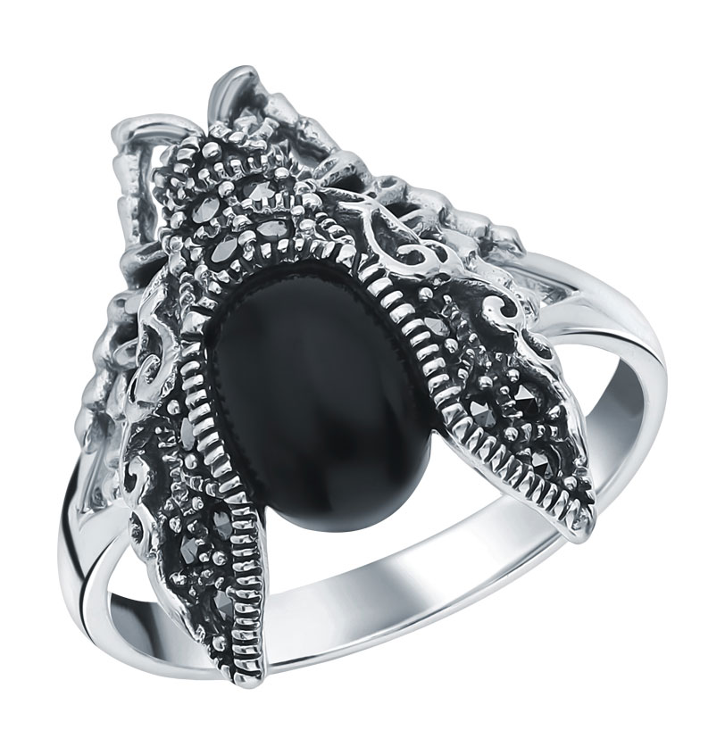 Серебряное кольцо Марказит HR1490-oniks-mr с марказитами, ониксом