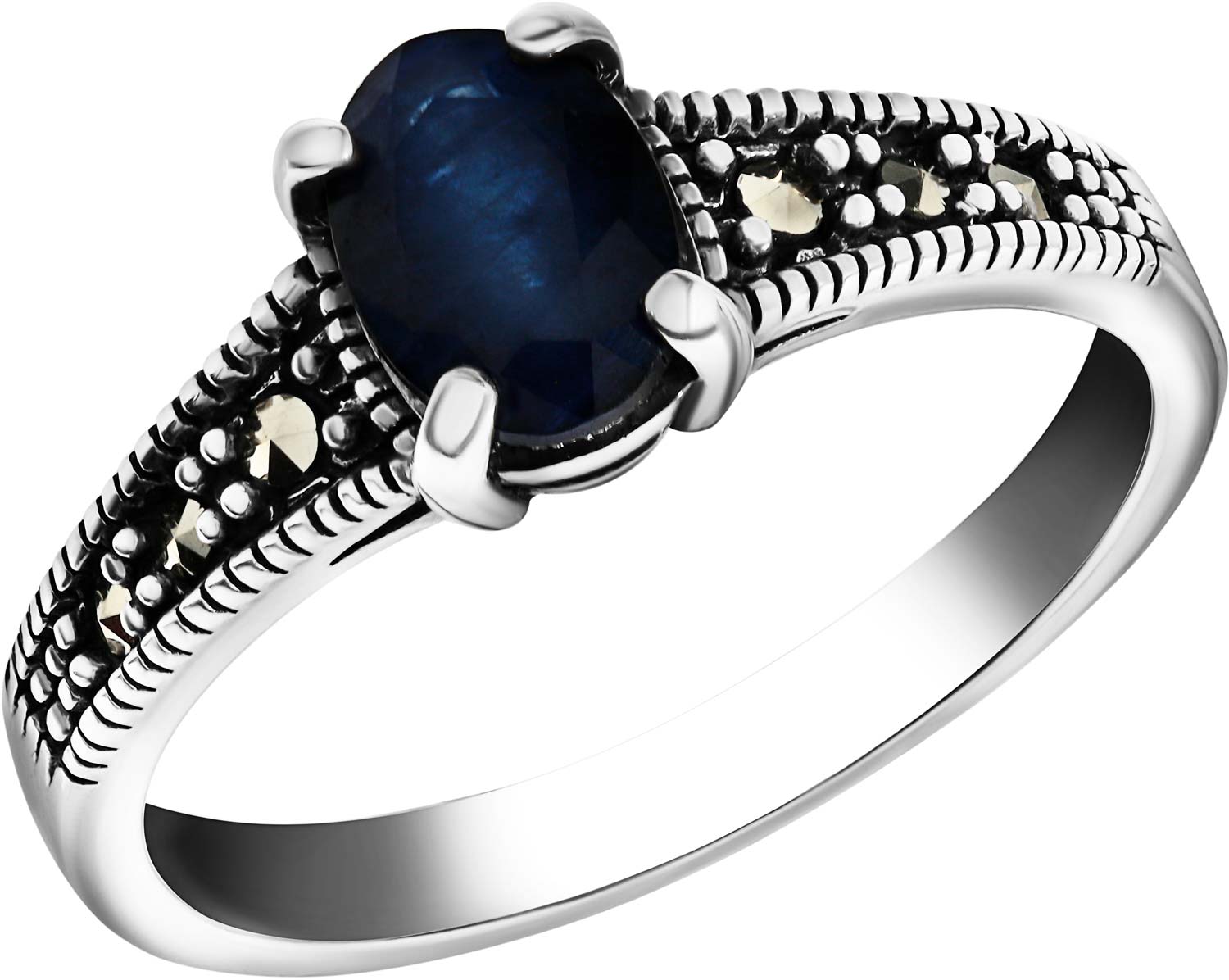Серебряное кольцо Марказит HR1598-korund-blue-mr с синим корундом, марказитами