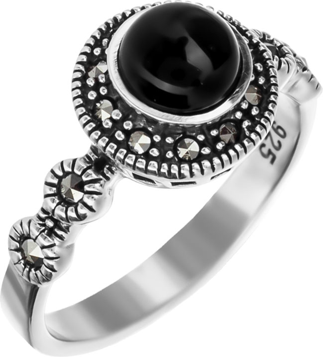 Серебряное кольцо Марказит HR1631-oniks-mr с ониксом, марказитами Swarovski