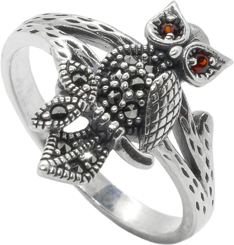 Серебряное кольцо ''Сова'' Марказит HR1759-granat-mr с гранатами, марказитами