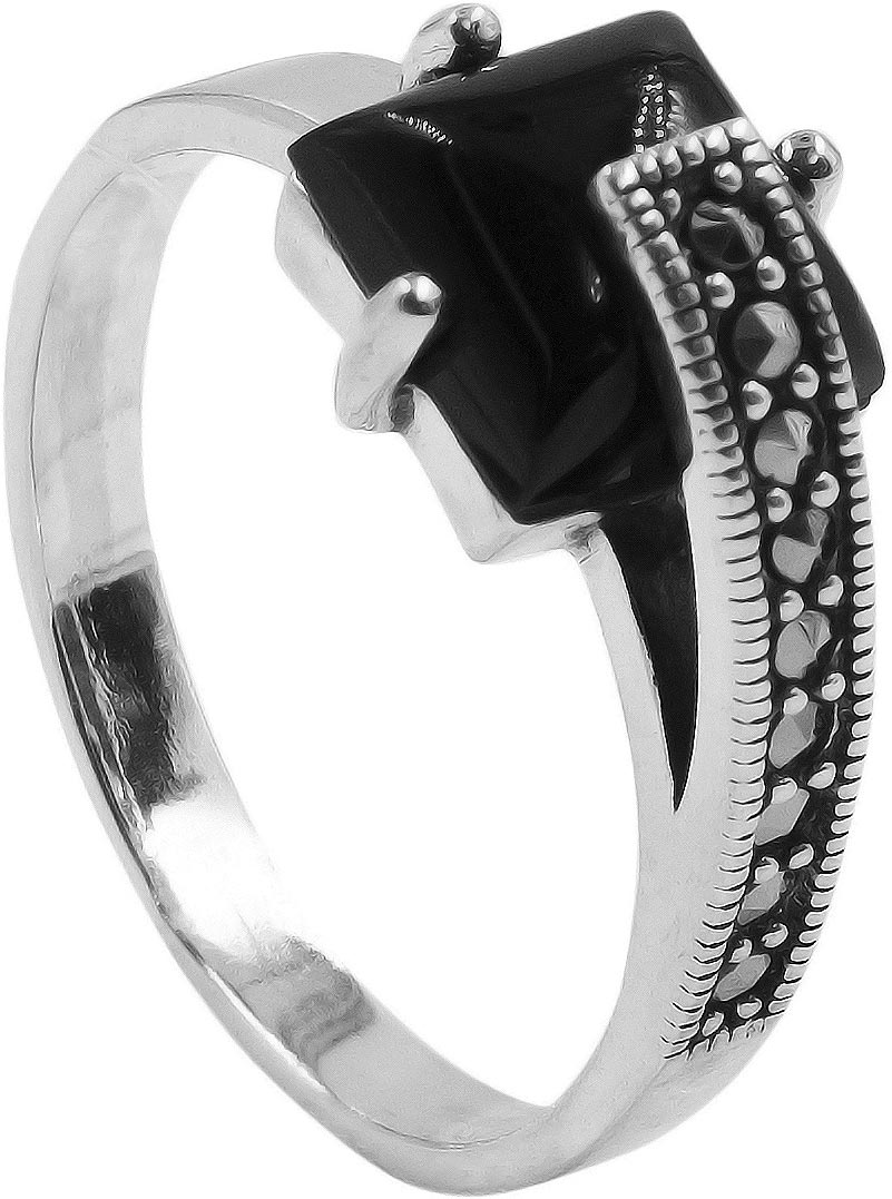 Серебряное кольцо Марказит HR1867-oniks-mr с ониксом, марказитами Swarovski