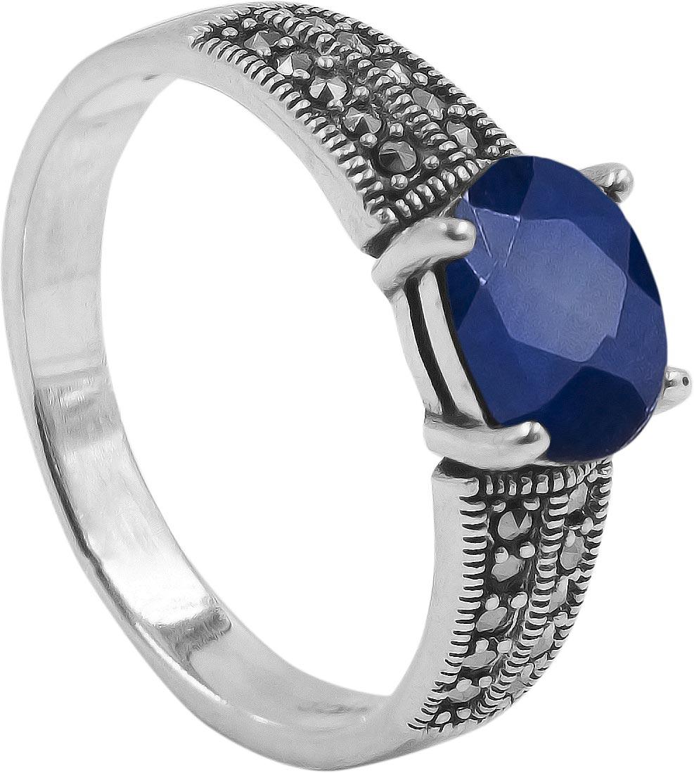 Серебряное кольцо Марказит HR1868-korund-blue-mr с корундом, марказитами Swarovski