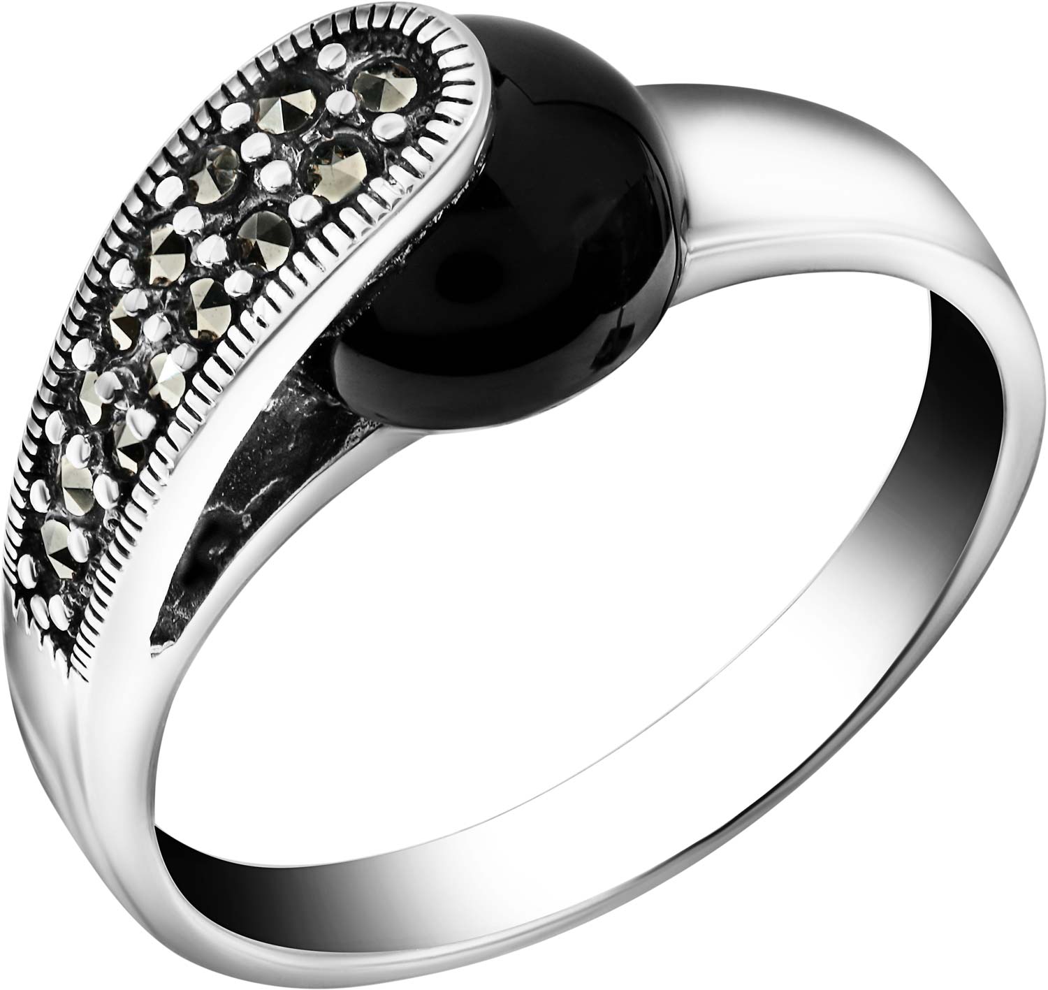 Серебряное кольцо Марказит HR1869-oniks-mr с ониксом, марказитами Swarovski