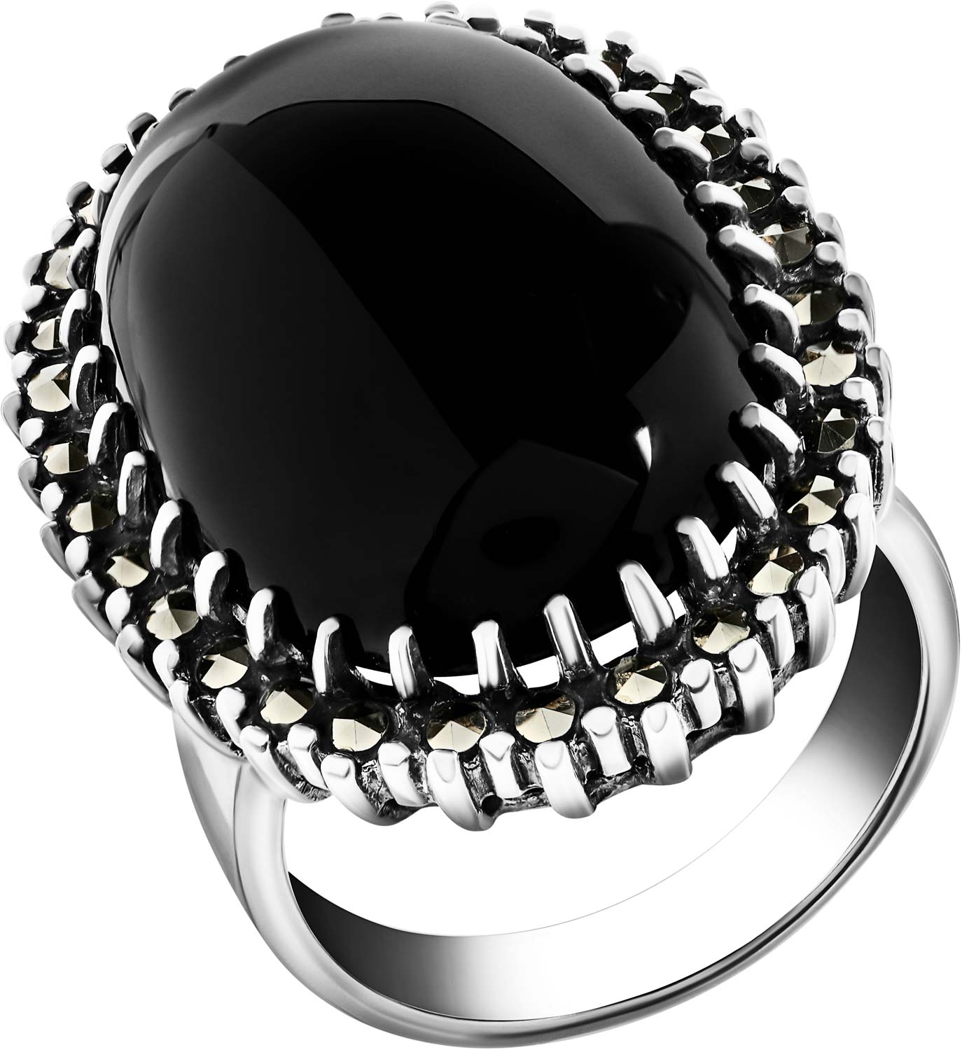 Серебряное кольцо Марказит HR532-oniks-mr с ониксом, марказитами Swarovski