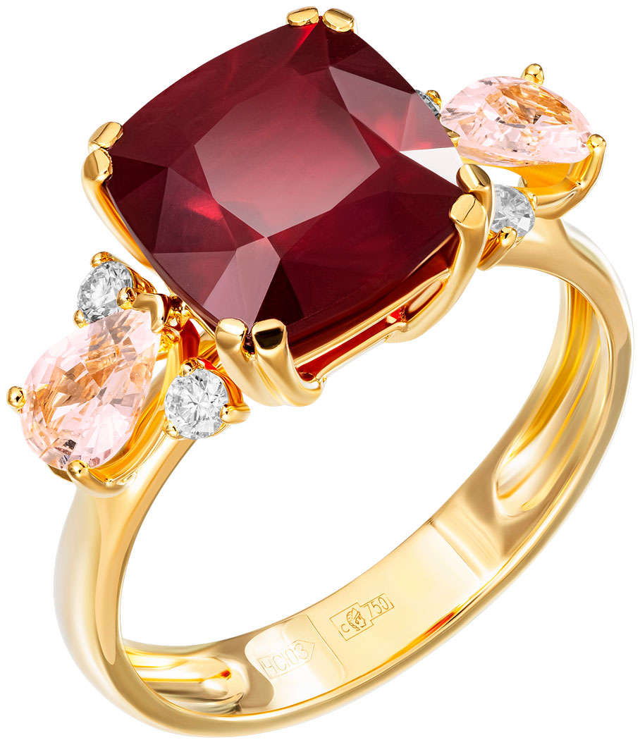 Золотое кольцо Maxim Demidov 1-04453 с рубином, бриллиантами, морганитом