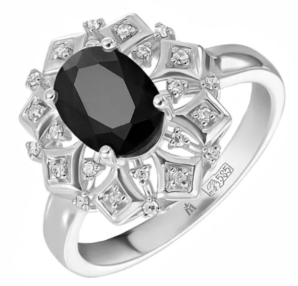 Кольцо из белого золота Лукас R01-D-34094-SC-w с черным сапфиром, бриллиантами
