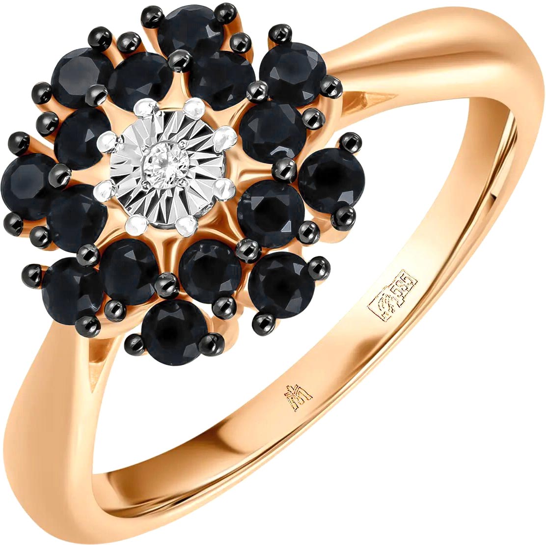 Золотое кольцо Лукас R01-D-35418-B-r с черными сапфирами, бриллиантом