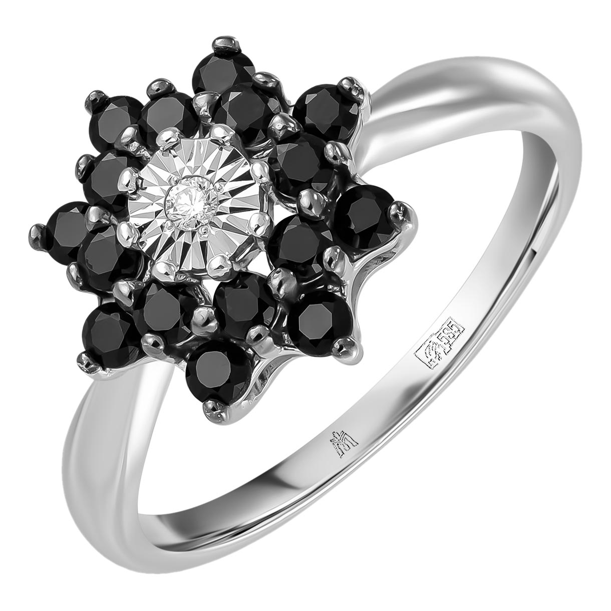 Кольцо из белого золота Лукас R01-D-L-PL-35552-B-w с черным сапфиром, бриллиантами