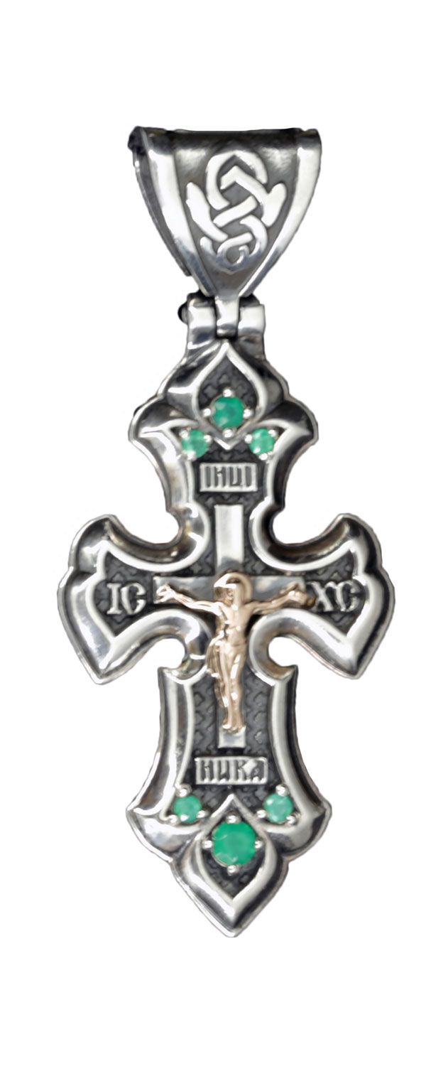 Мужской серебряный православный крестик с распятием Persian PSZ106-AGAT-ZELENYJ с зелеными агатами