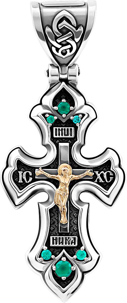Мужской серебряный православный крестик с распятием Persian PSZ106-ONIKS-ZELENYJ с зелеными ониксами