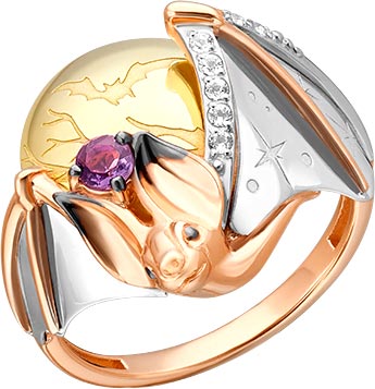 Золотое кольцо ''Летучая мышь'' PLATINA Jewelry 01-5552-00-225-1140 с аметистом, белыми топазами