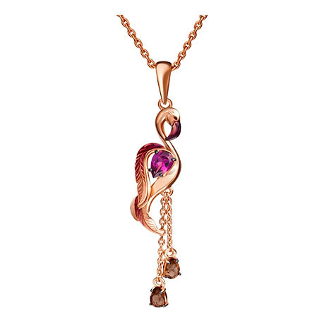 Золотая подвеска ''Фламинго'' PLATINA Jewelry 03-2913-00-705-1110-57 с гранатами, дымчатым кварцем, эмалью